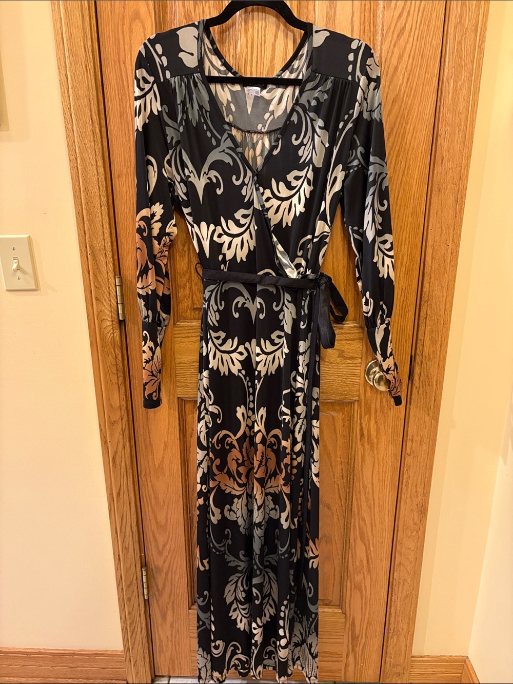VENUS Black Floral Scroll Wrap Maxi Dress with Beige and Gray Motif